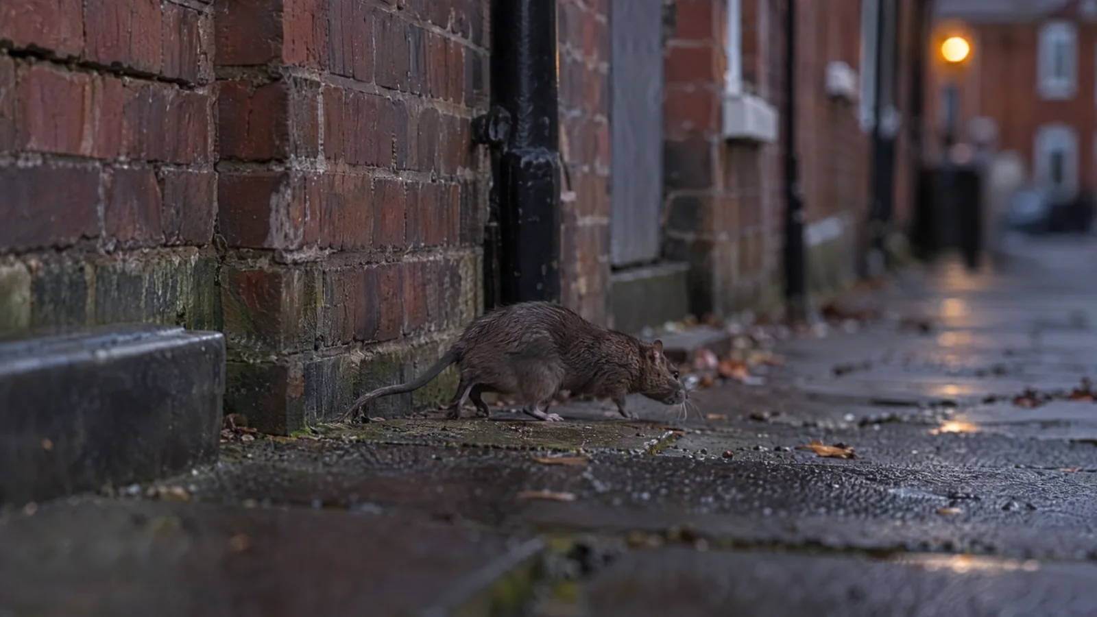 Brown rat moving along the base of a red brick wall at dusk, a common sign of rats at home