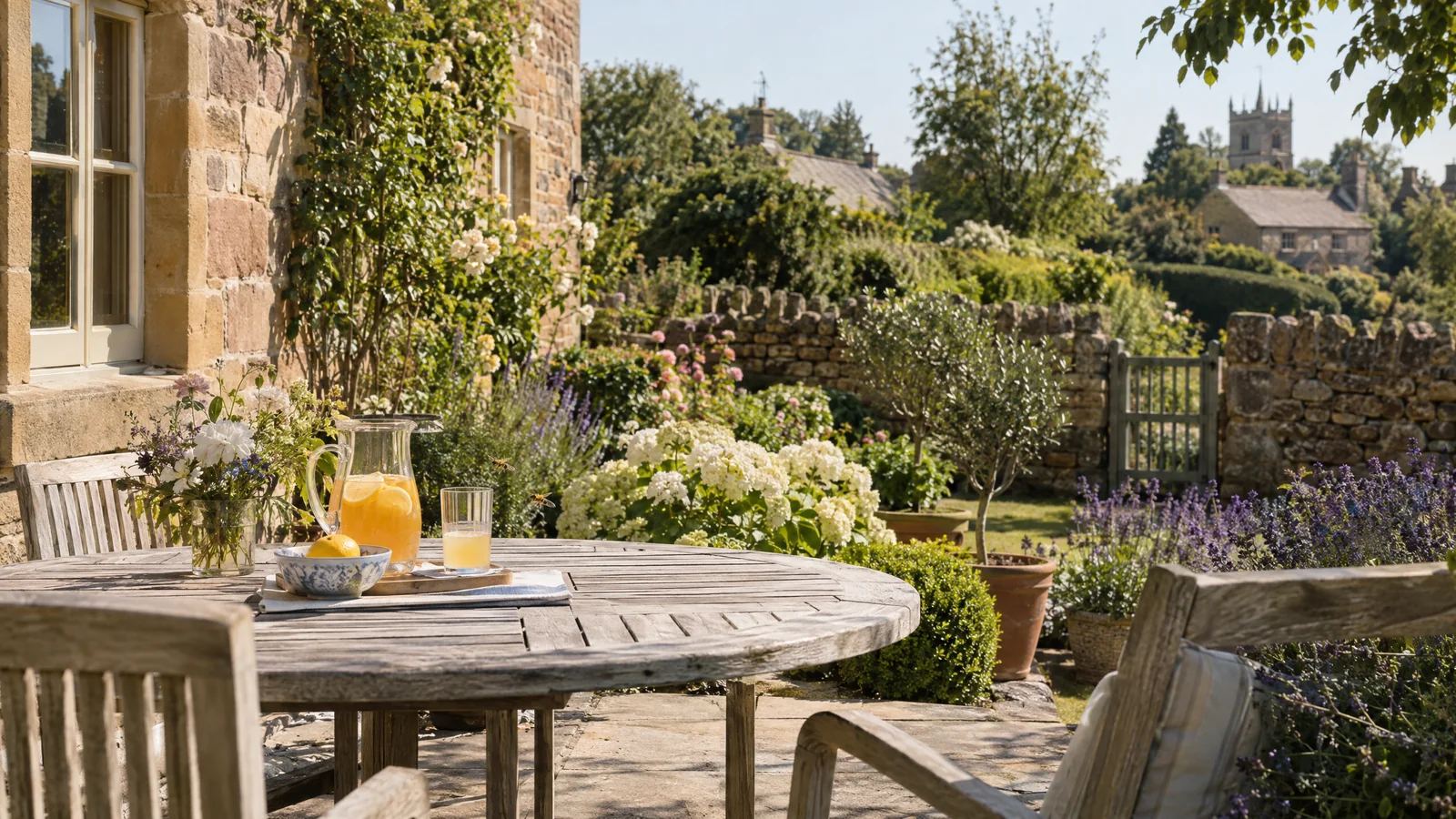 Cottage garden in a Cheshire village with a patio table in summer
