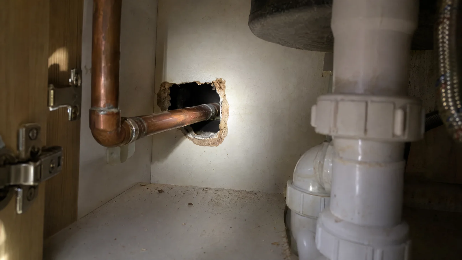 Gap around a heating pipe under a sink, a typical way mice enter homes