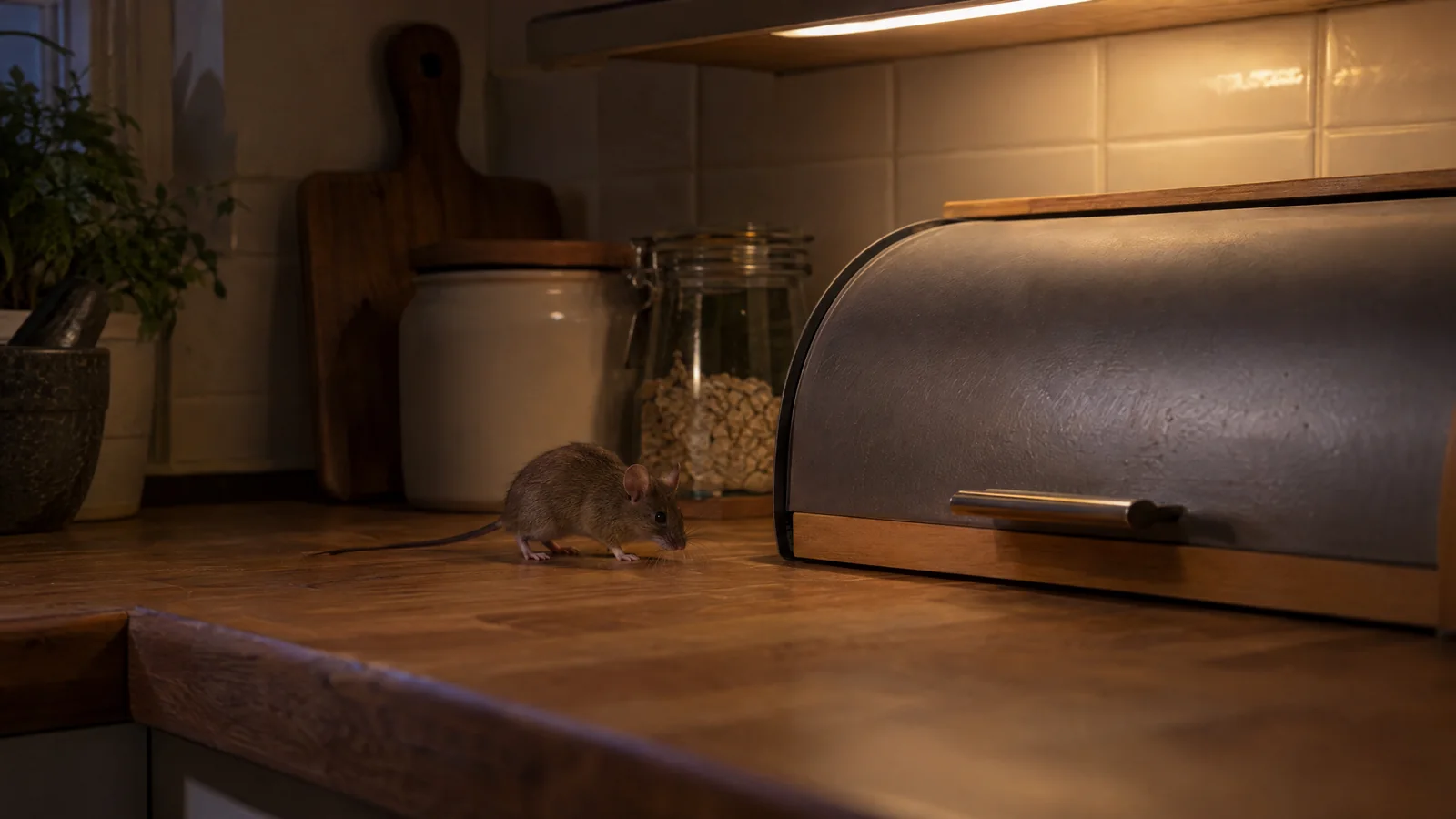 House mouse on a kitchen worktop beside a bread bin at night