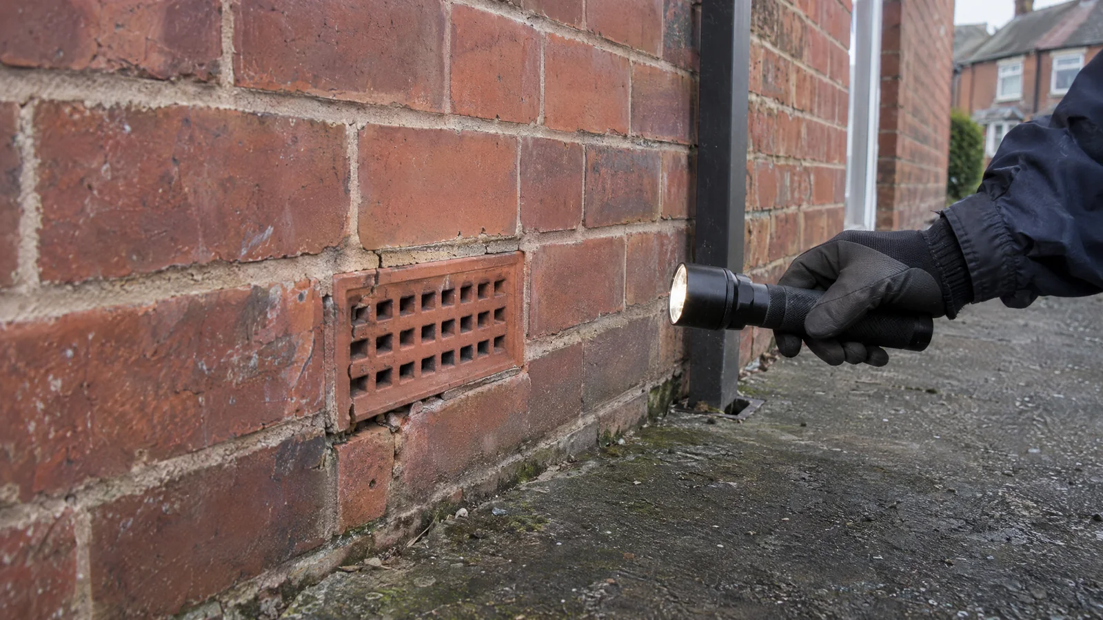 Gloved hand inspecting a damaged air brick on a terraced house
