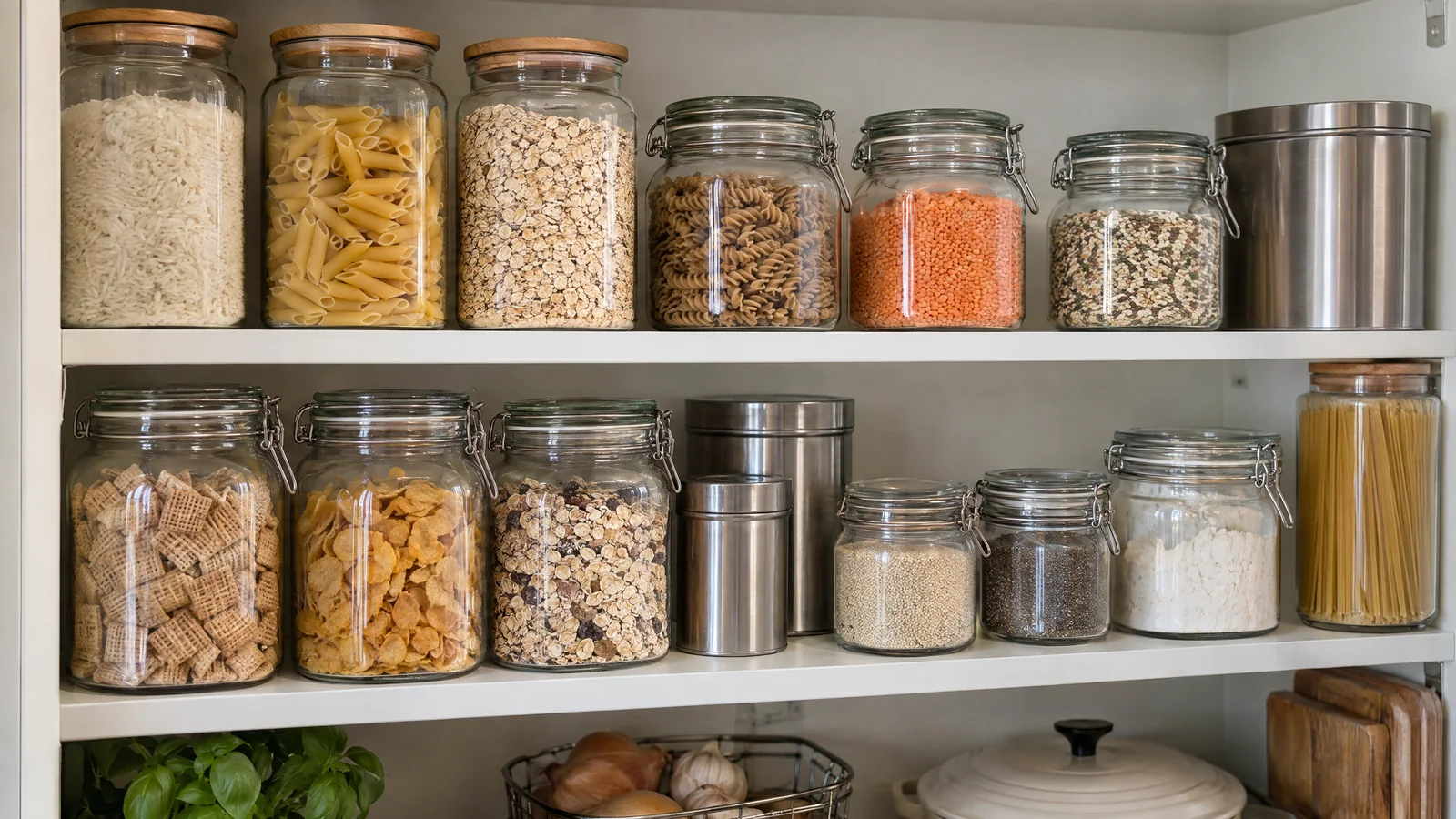 Dry food stored in sealed glass and metal containers on pantry shelves