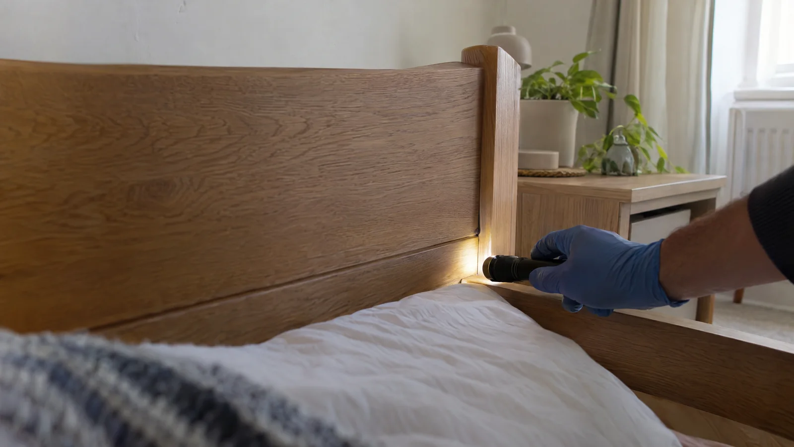 Torch shining into the joints of a wooden headboard during a bed bug check
